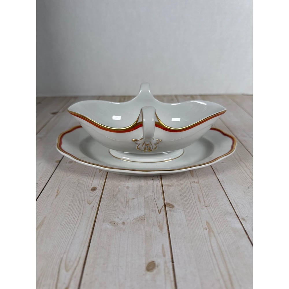 Meissen Orange Band Gravy Boat Underplate Crossed Swords Porcelain Germany Gold